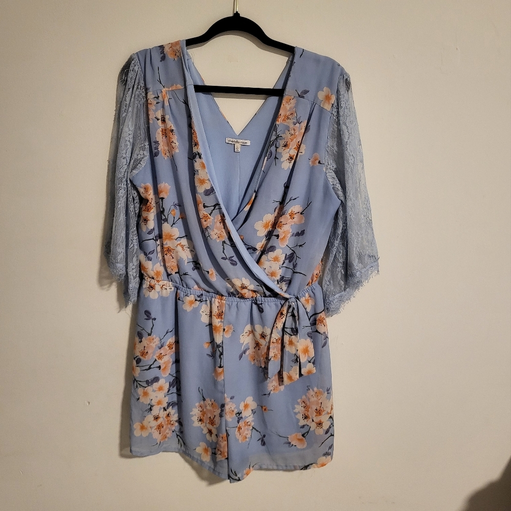 Charlotte Russe Blue Floral Romper With Lace Sleeves